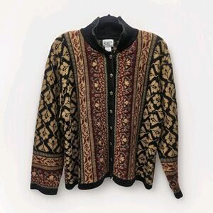 Vtg 90s KORET Women's Cardigan Black Flowers Acrylic Wool Large Boho Cottage